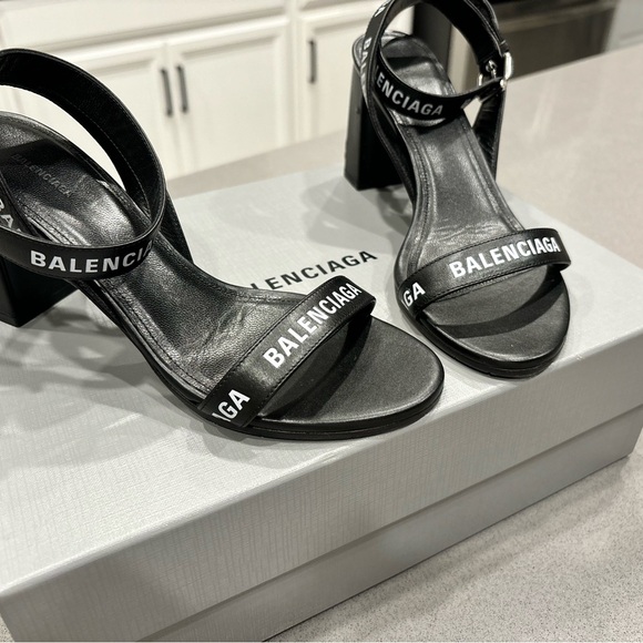 Balenciaga Women's Black & White Allover Logo Ankle Strap Sandals - Picture 2 of 10